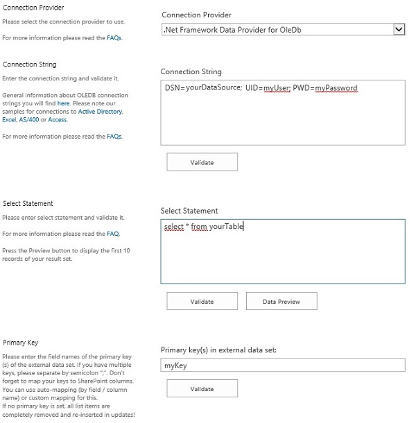 Configuration example of SAP HANA HANA and Layer2 Business Data List Connector configuration screenshot