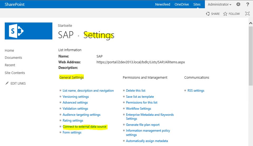 Connect SharePoint to External Data Source in List Settings Connect SharePoint to External Data Source in List Settings