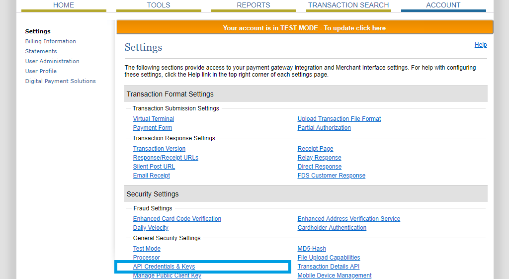 AuthorizeNet credentials
