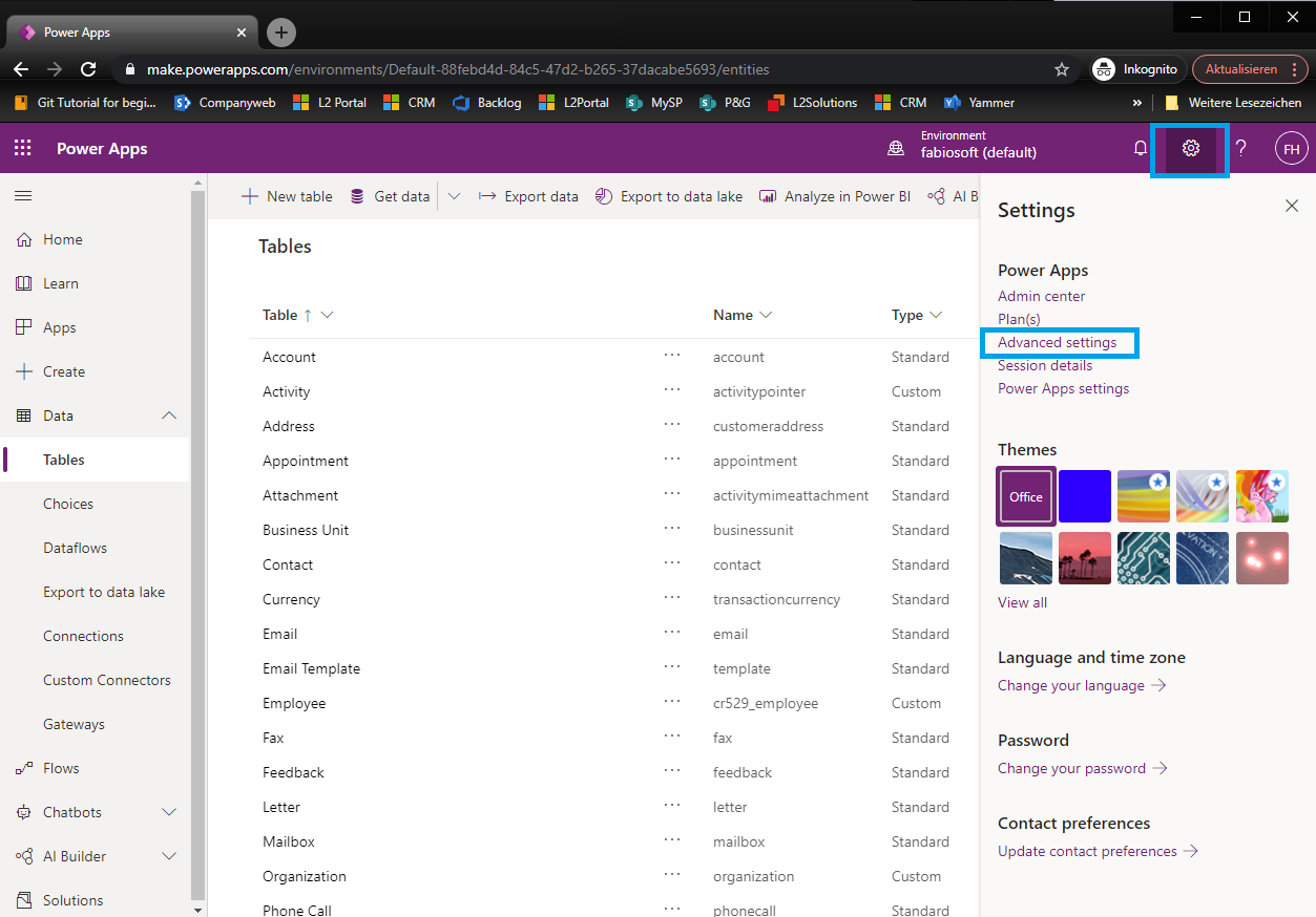 Microsoft Dataverse Advance Settings