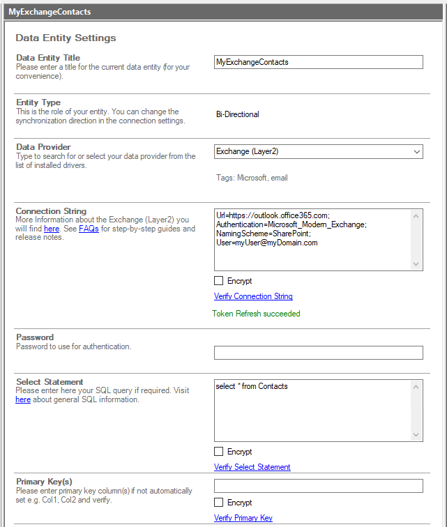 connection configuration Microsoft Exchange Online