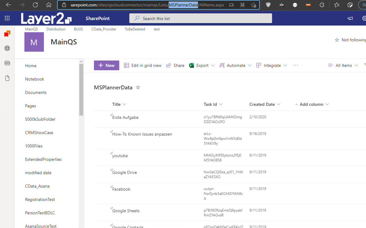 Layer2 Cloud Connector Connection Destination SharePoint List
