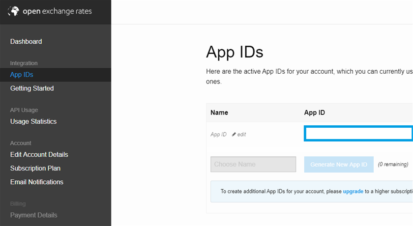 Open Exchange Rates app id
