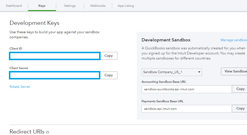 Quickbooks Online id and secret