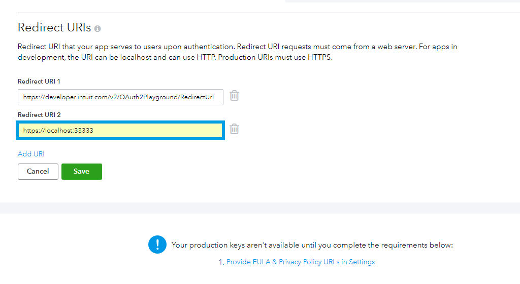 Quickbooks Online redirect uri