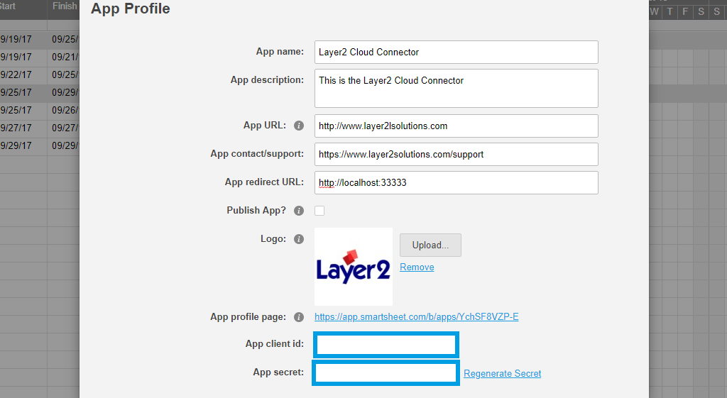 Smartsheet client id and secret