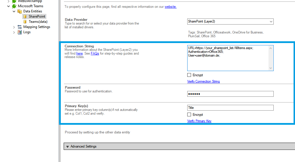 Step 2.5 Teams (data) integration connection string setup